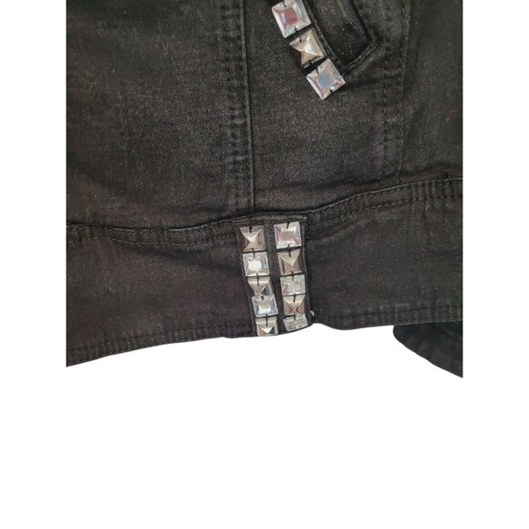DG2 Moto Jacket M Black Denim Jean Rhinestone Trim Zippers Pockets Epaulets - Picture 9 of 16